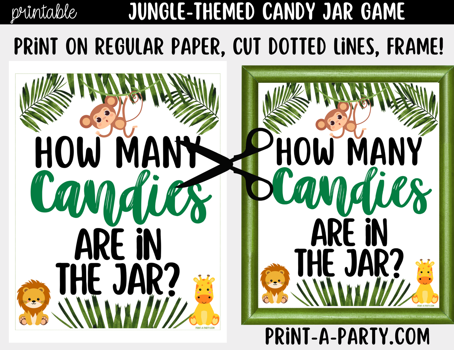 Jungle themed Baby Shower Candy Jar Game Printable Sign (8x10) & guessing cards For Baby Events
