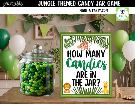 Jungle themed Baby Shower Candy Jar Game Printable Sign (8x10) & guessing cards For Baby Events
