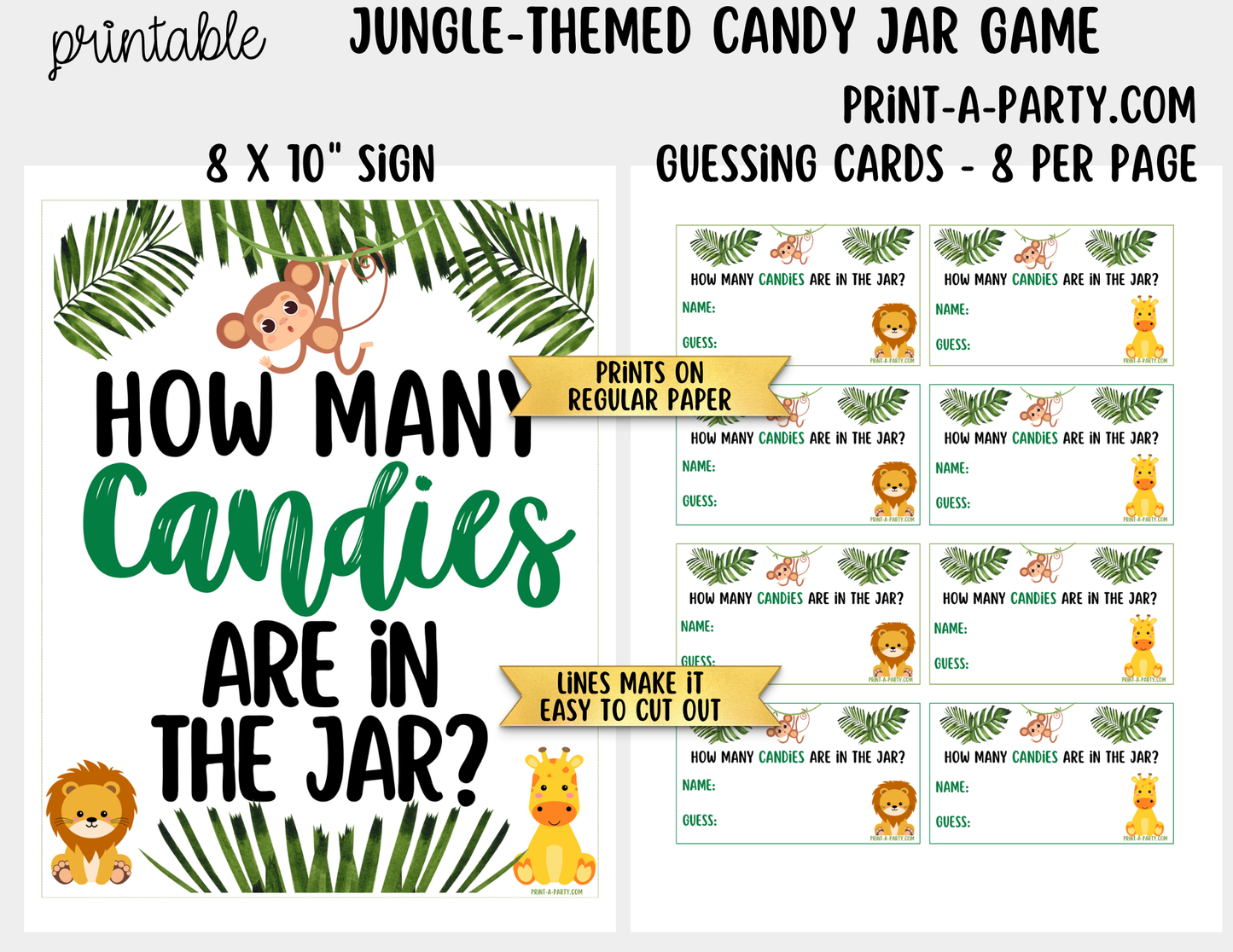 Jungle themed Baby Shower Candy Jar Game Printable Sign (8x10) & guessing cards For Baby Events
