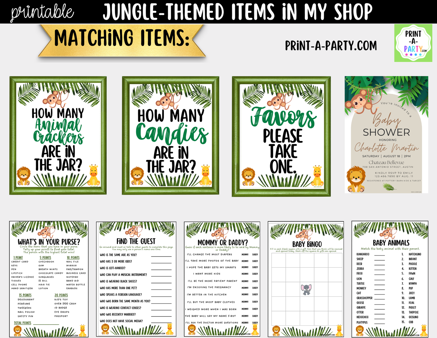 Jungle-themed Favors Printable Sign (8x10) – For Parties, Showers and Events