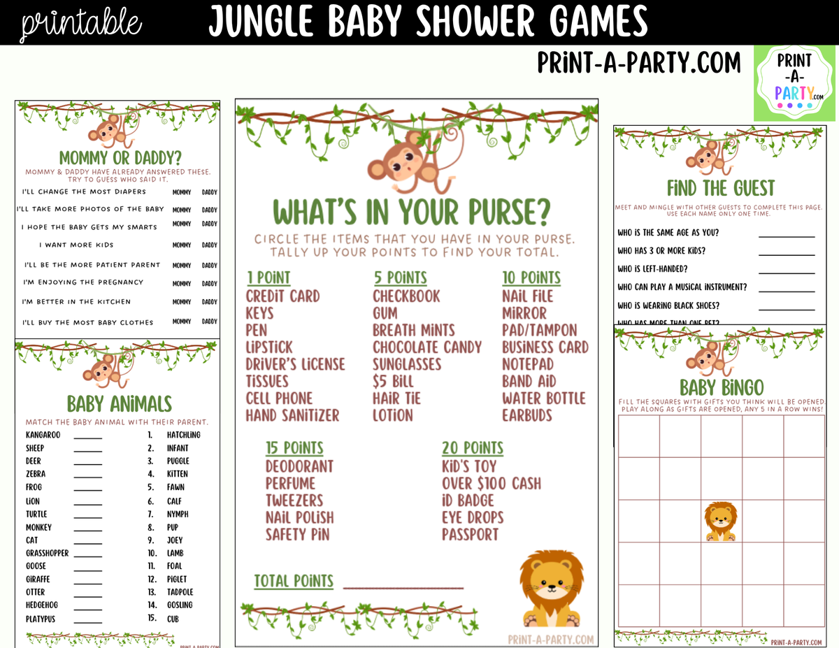 Jungle Baby Shower Games Printable | Safari Baby Shower Game Bundle