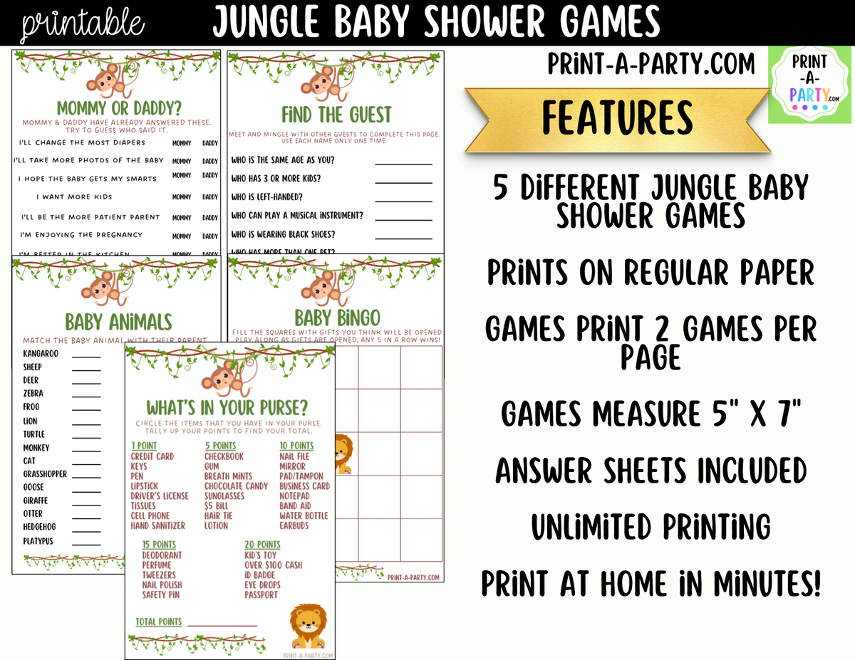 Jungle Baby Shower Games Printable | Safari Baby Shower Game Bundle