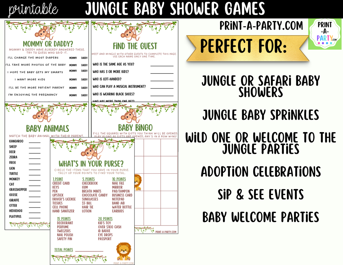 Jungle Baby Shower Games Printable | Safari Baby Shower Game Bundle