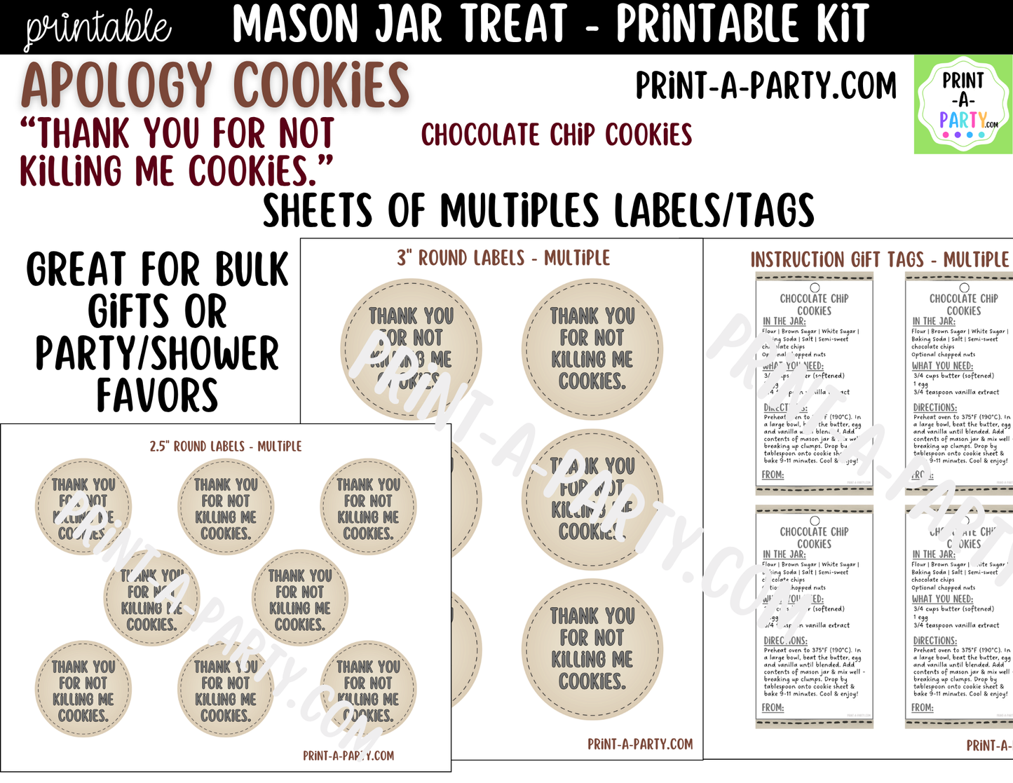 Apology (Dark Humor) Cookies in a Mason Jar Gift Printable Kit - Labels, Tag, Recipe & Instructions - Thank You For Not Killing Me Cookies