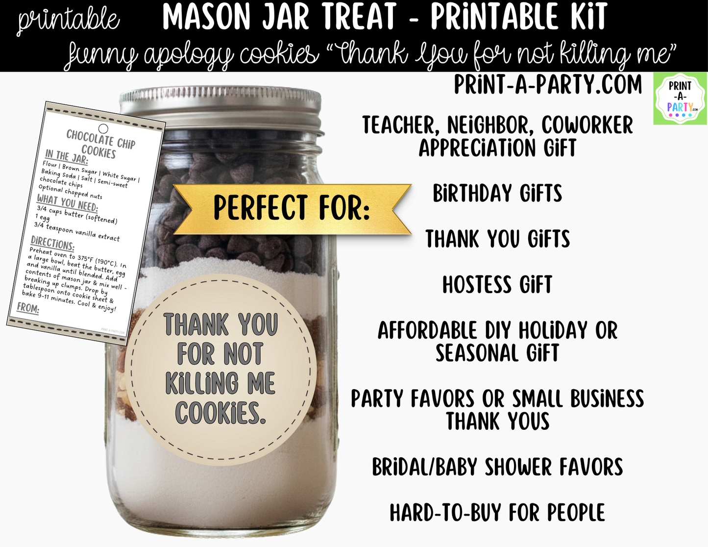 Apology (Dark Humor) Cookies in a Mason Jar Gift Printable Kit - Labels, Tag, Recipe & Instructions - Thank You For Not Killing Me Cookies