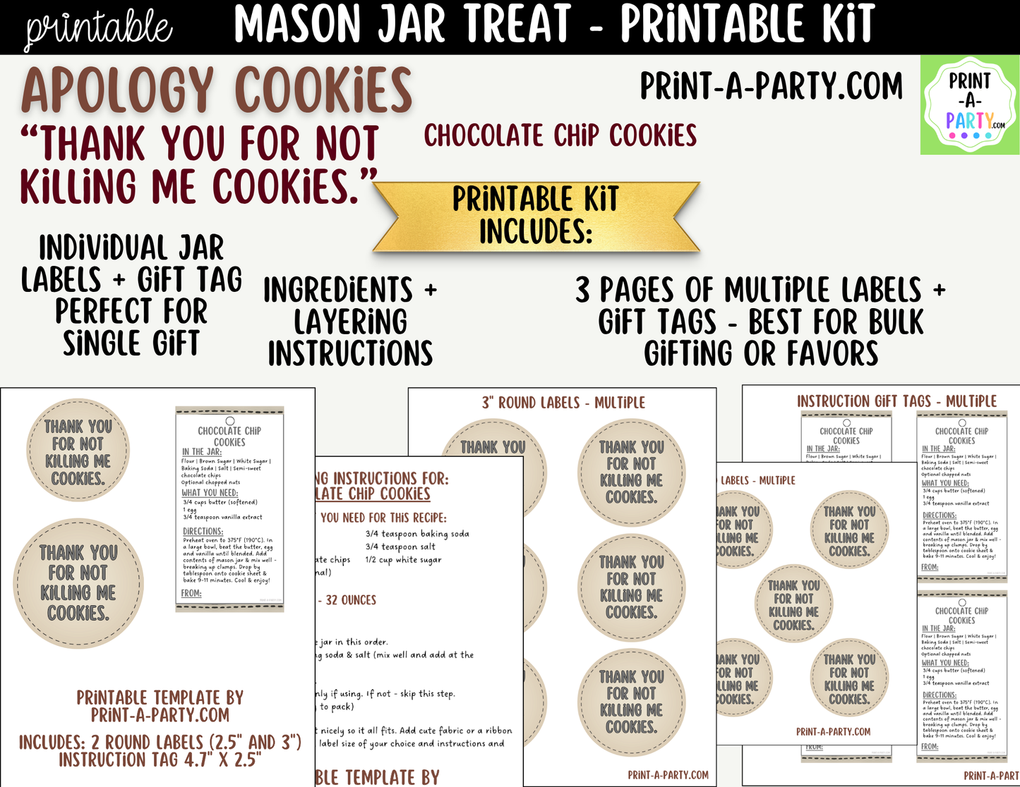 Apology (Dark Humor) Cookies in a Mason Jar Gift Printable Kit - Labels, Tag, Recipe & Instructions - Thank You For Not Killing Me Cookies