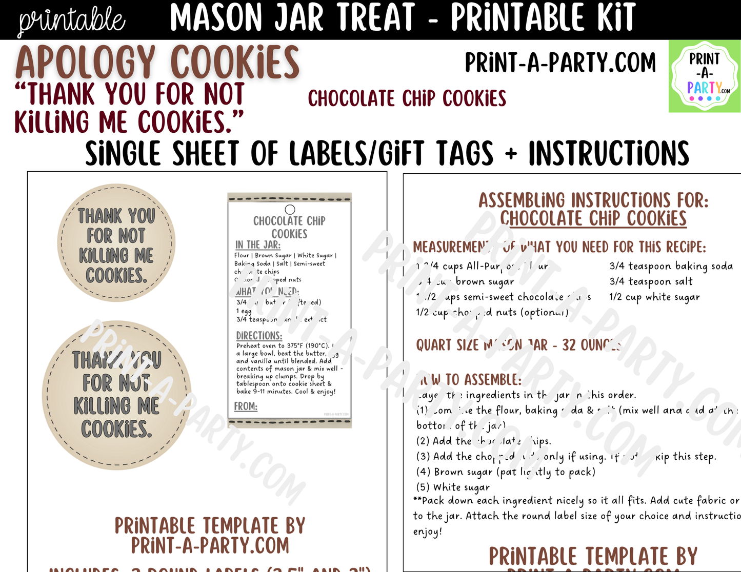 Apology (Dark Humor) Cookies in a Mason Jar Gift Printable Kit - Labels, Tag, Recipe & Instructions - Thank You For Not Killing Me Cookies