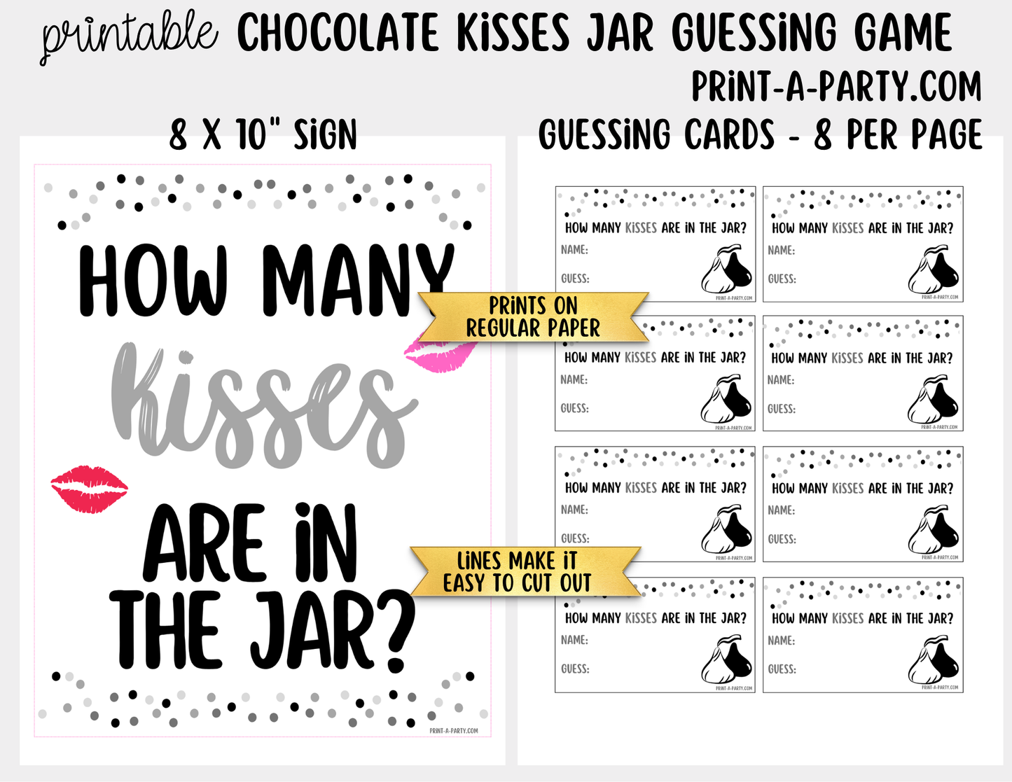 Hershey's Kisses Jar Guessing Game Printable Sign (8x10) + Guessing Cards - Party Game Decor