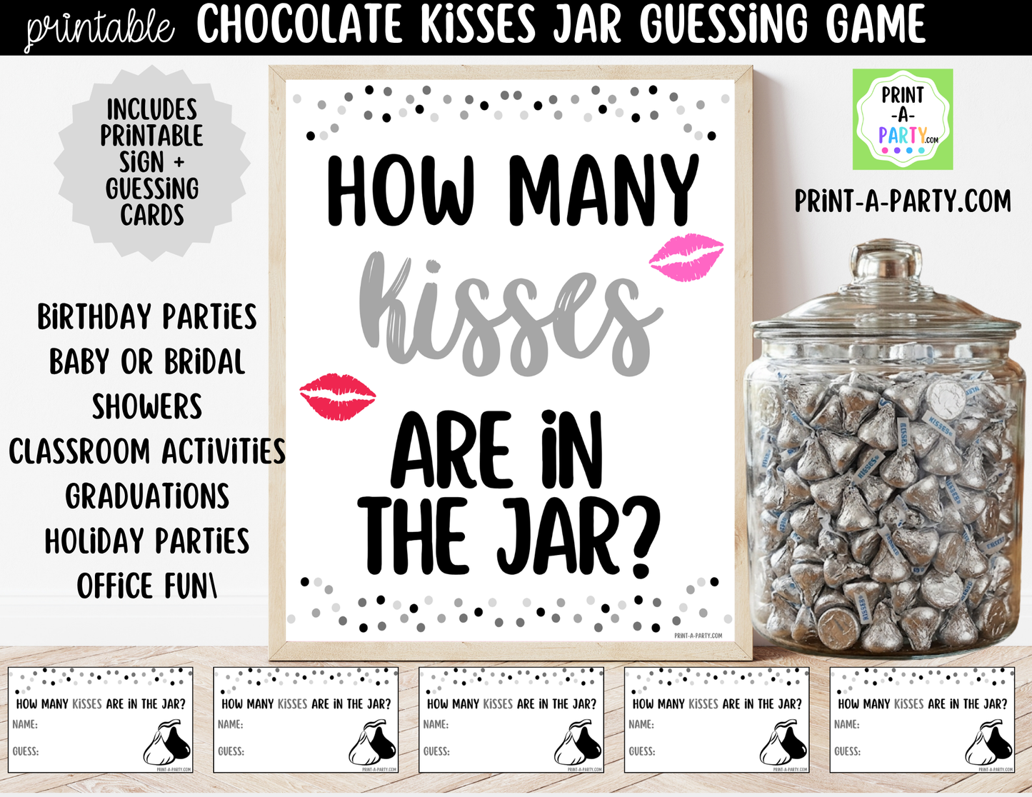 Hershey's Kisses Jar Guessing Game Printable Sign (8x10) + Guessing Cards - Party Game Decor