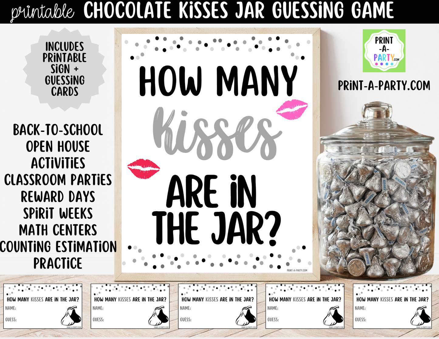 Hershey's Kisses Jar Guessing Game Printable Sign (8x10) + Guessing Cards - Party Game Decor