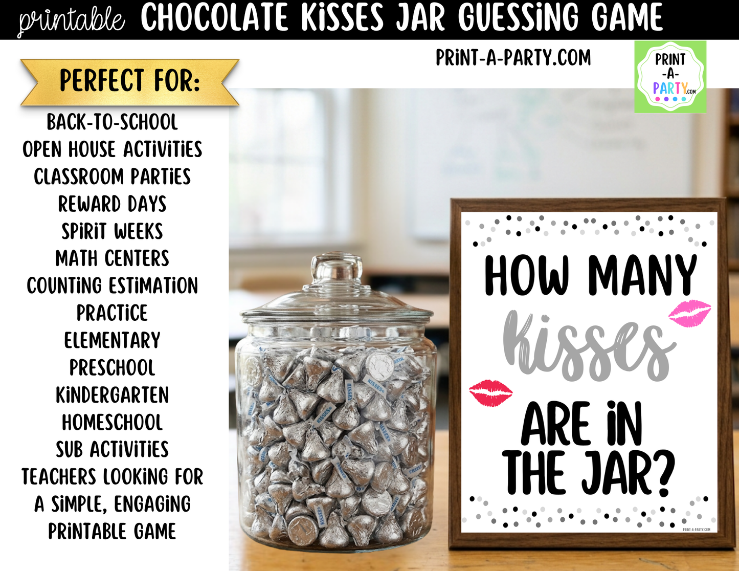 Hershey's Kisses Jar Guessing Game Printable Sign (8x10) + Guessing Cards - Party Game Decor