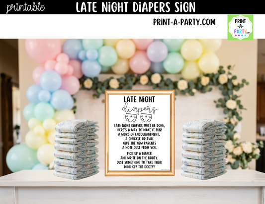 Late Night Diapers Printable Game Sign (8x10) – For Baby Showers and Events