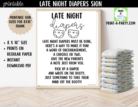 Late Night Diapers Printable Game Sign (8x10) – For Baby Showers and Events
