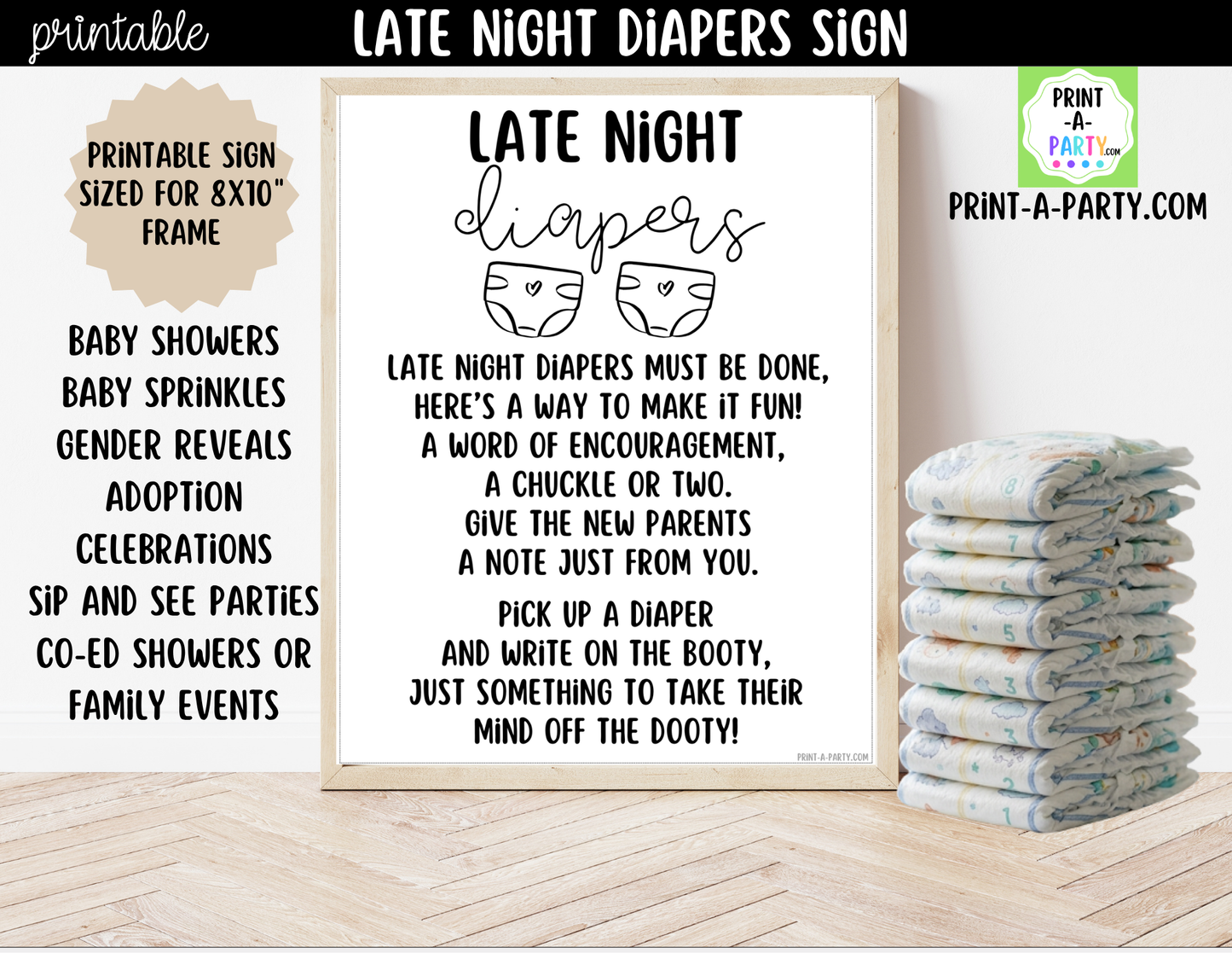 Late Night Diapers Printable Game Sign (8x10) – For Baby Showers and Events