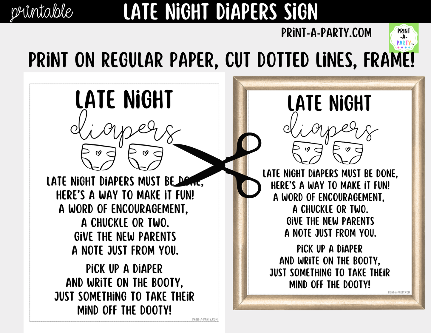 Late Night Diapers Printable Game Sign (8x10) – For Baby Showers and Events