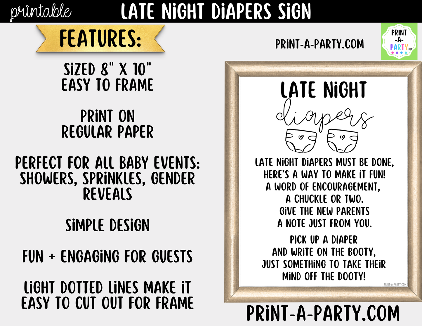 Late Night Diapers Printable Game Sign (8x10) – For Baby Showers and Events