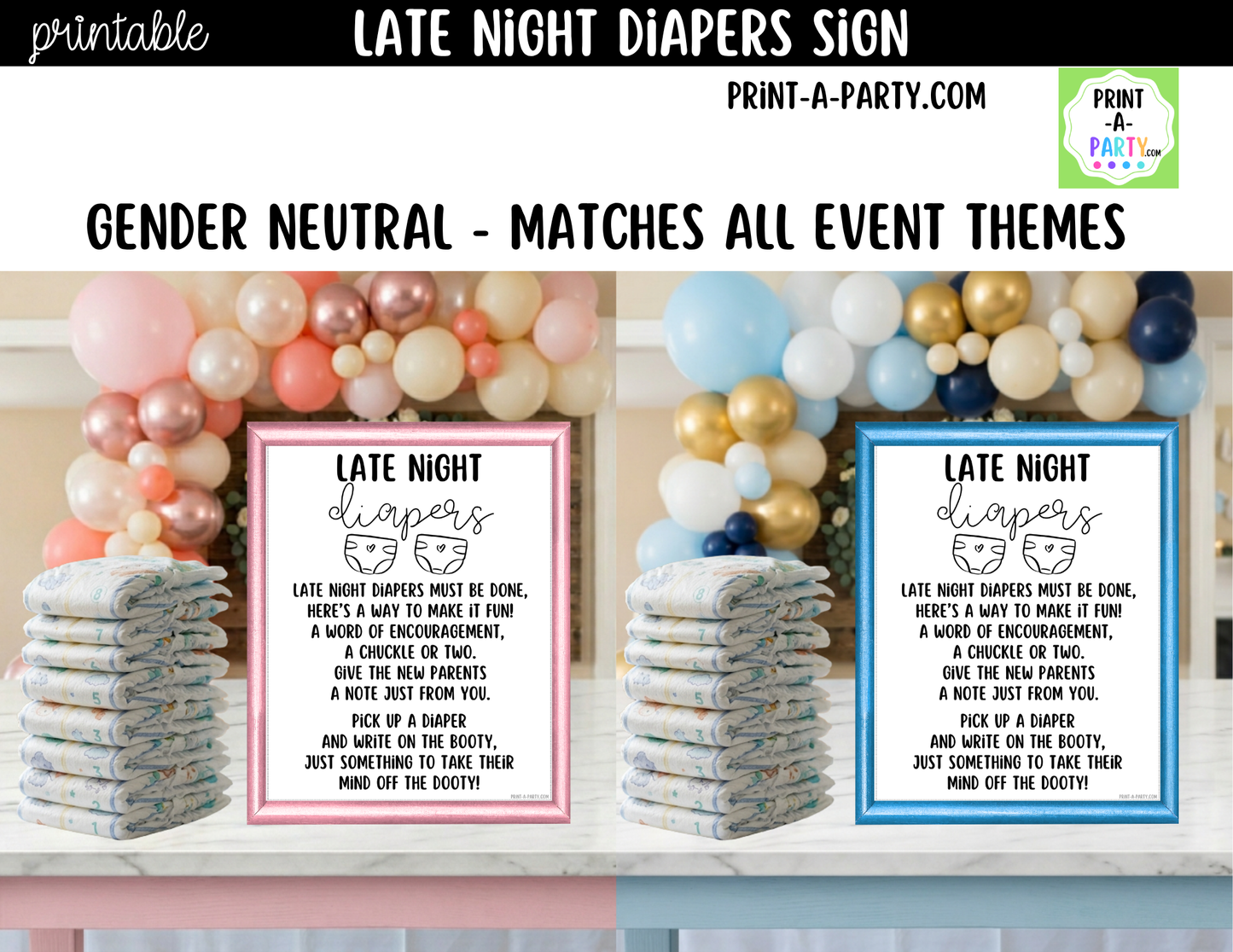 Late Night Diapers Printable Game Sign (8x10) – For Baby Showers and Events