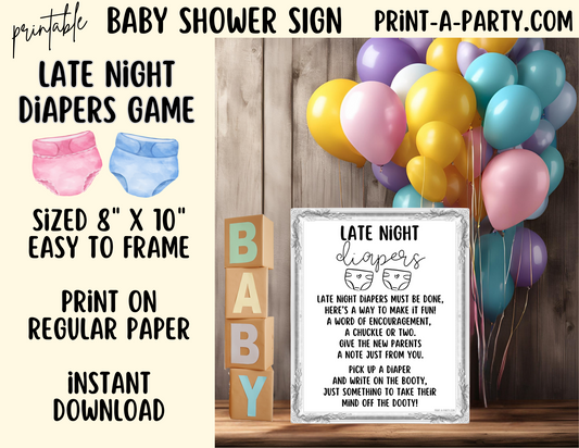 BABY SHOWER SIGN - LATE NIGHT DIAPERS Game | Baby Diapers Game | Baby Shower | Baby Sprinkle | Gender Reveal | Adoption Party