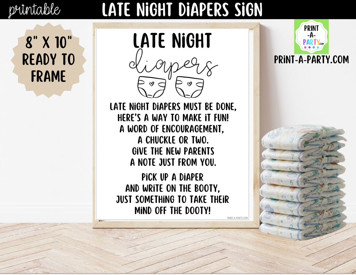 Late Night Diapers Game Printable Sign – Baby Shower Activity