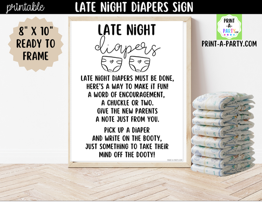 Late Night Diapers Game Printable Sign – Baby Shower Activity