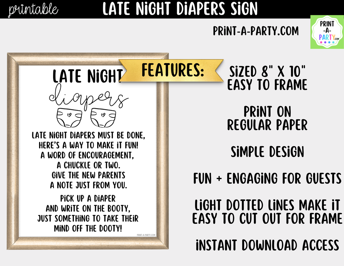 Late Night Diapers Game Printable Sign – Baby Shower Activity