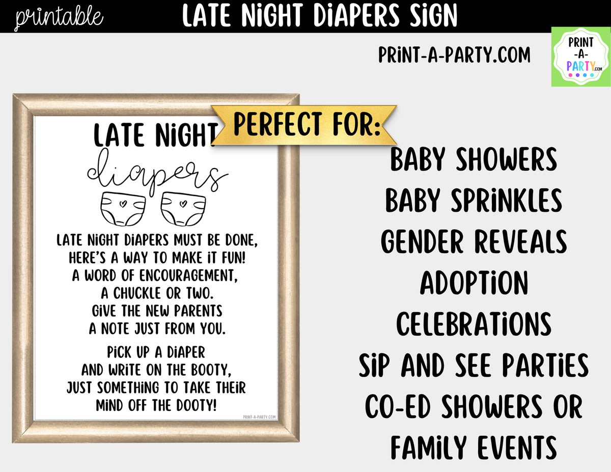 Late Night Diapers Game Printable Sign – Baby Shower Activity