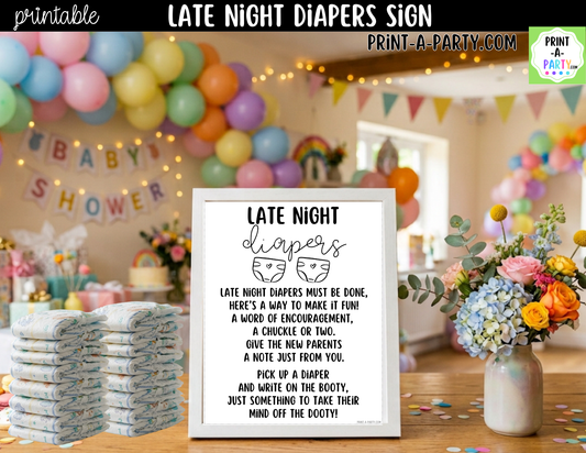 Late Night Diapers Game Printable Sign – Baby Shower Activity