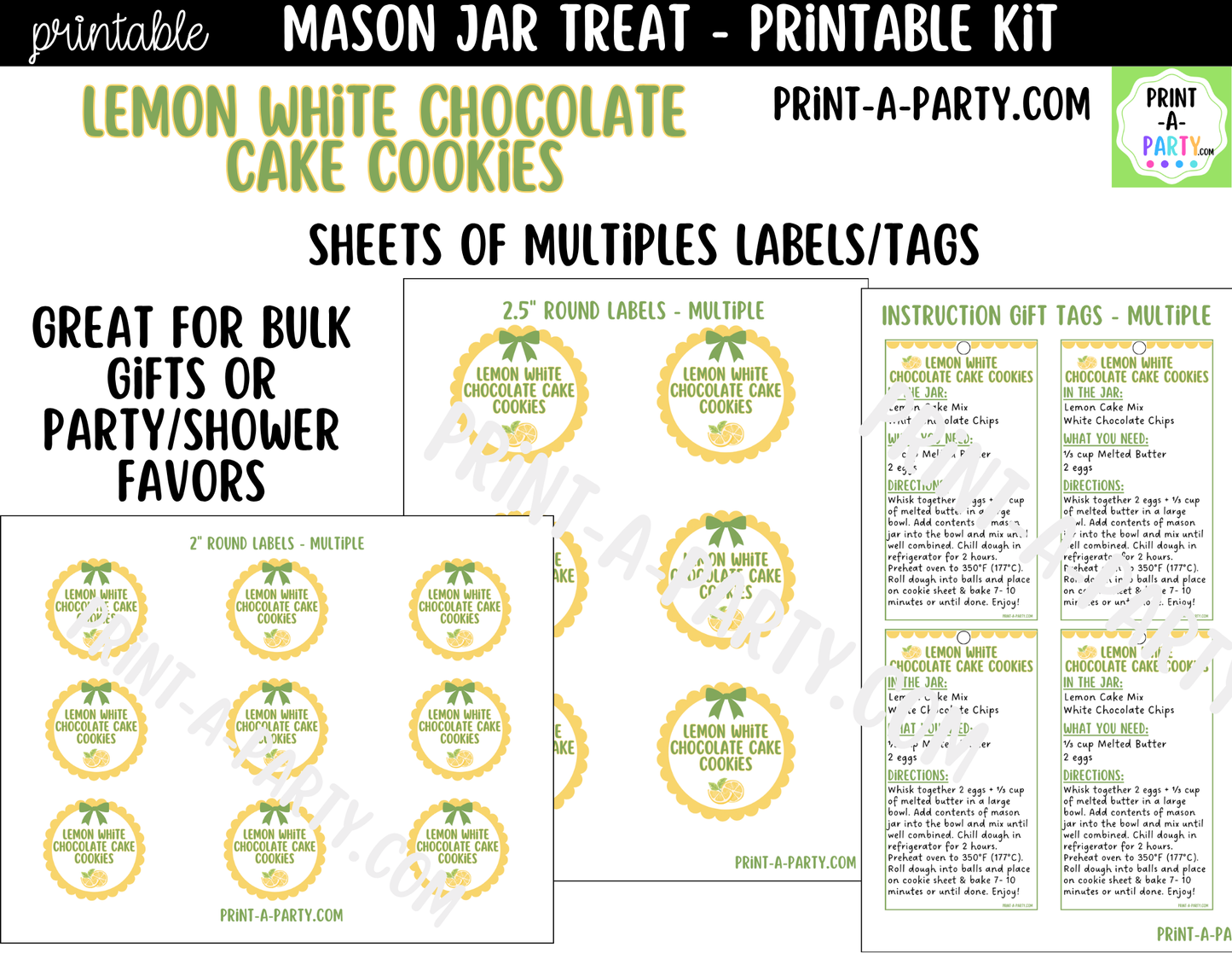 Lemon White Chocolate Cake Cookies in a Mason Jar Gift Printable Kit - Labels, Tag, Recipe and Instructions