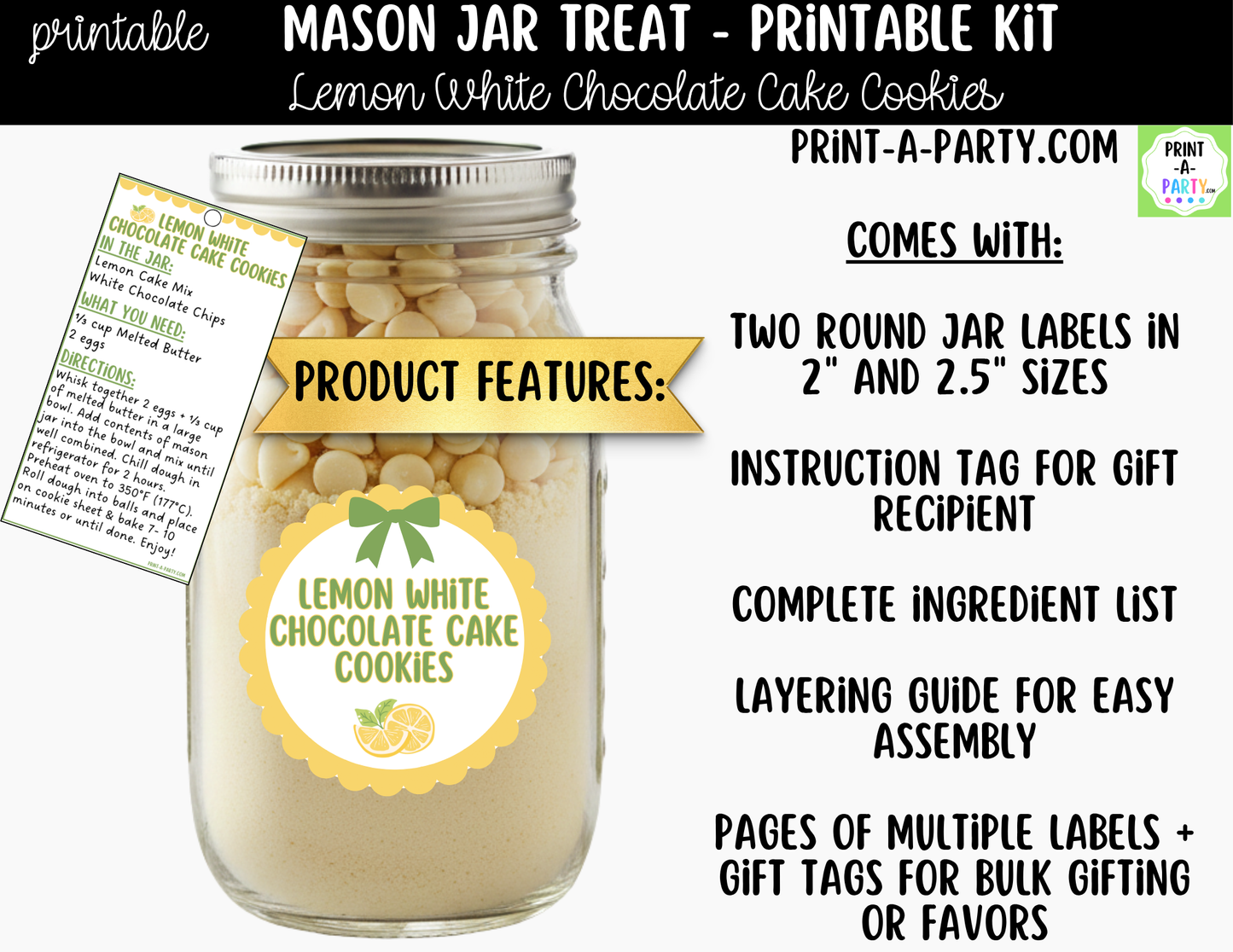 Lemon White Chocolate Cake Cookies in a Mason Jar Gift Printable Kit - Labels, Tag, Recipe and Instructions