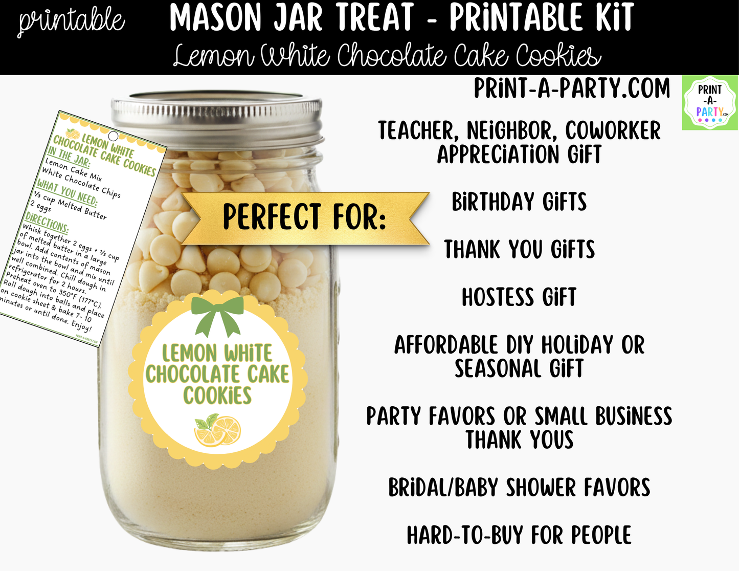Lemon White Chocolate Cake Cookies in a Mason Jar Gift Printable Kit - Labels, Tag, Recipe and Instructions
