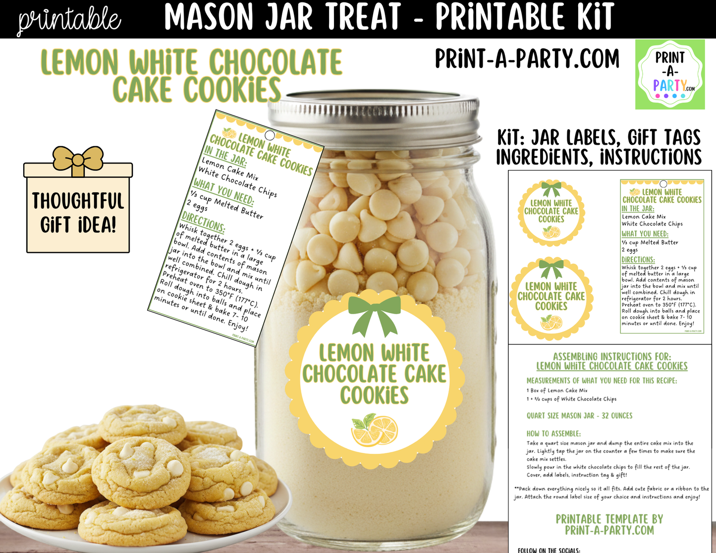 Lemon White Chocolate Cake Cookies in a Mason Jar Gift Printable Kit - Labels, Tag, Recipe and Instructions