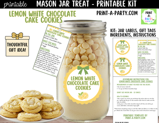 Lemon White Chocolate Cake Cookies in a Mason Jar Gift Printable Kit - Labels, Tag, Recipe and Instructions
