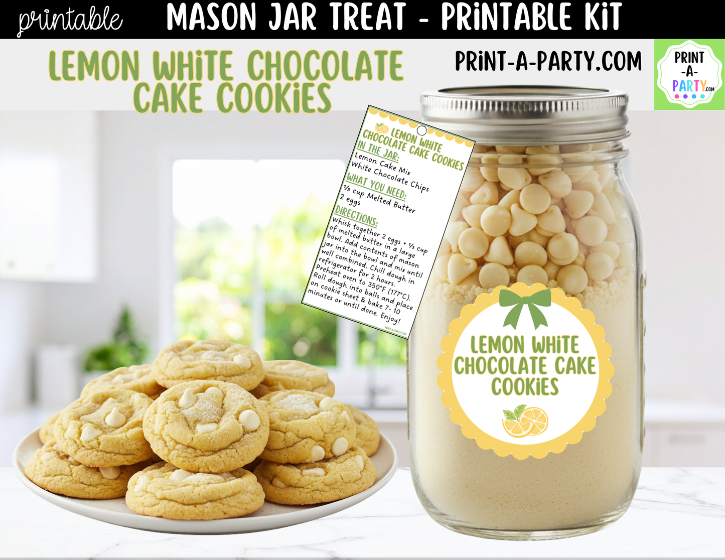 Lemon White Chocolate Cake Cookies in a Mason Jar Gift Printable Kit - Labels, Tag, Recipe and Instructions
