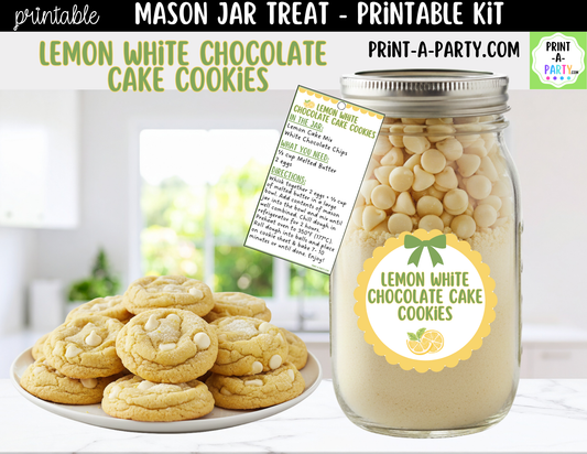 Lemon White Chocolate Cake Cookies in a Mason Jar Gift Printable Kit - Labels, Tag, Recipe and Instructions