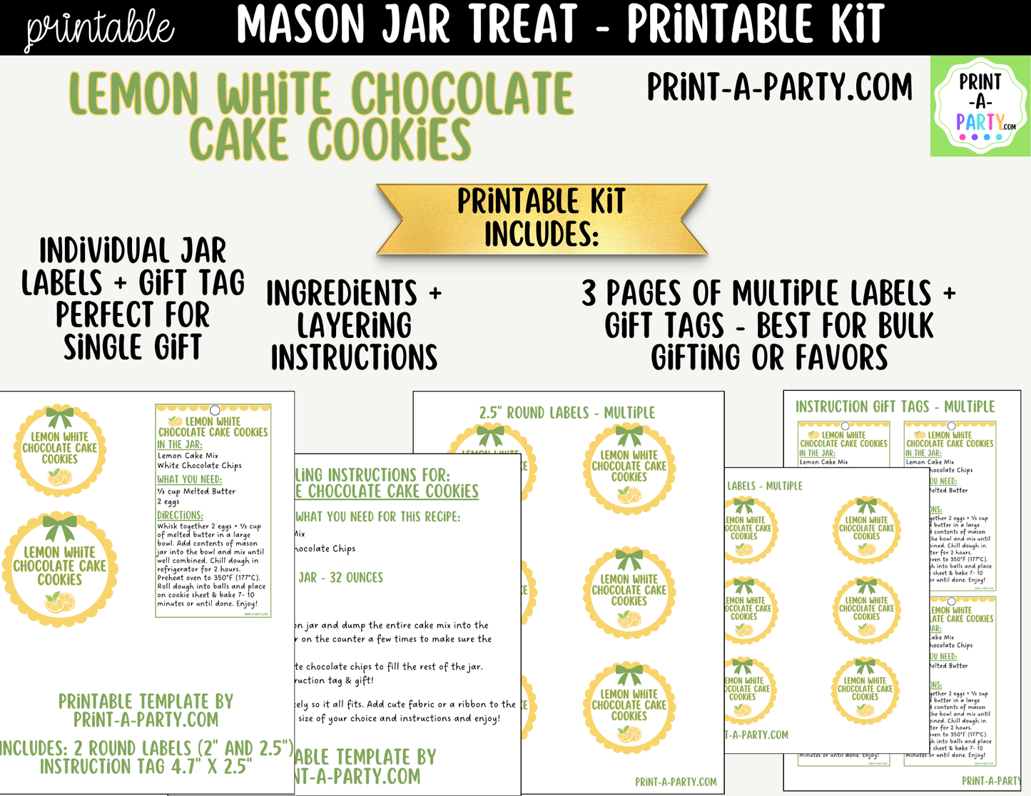 Lemon White Chocolate Cake Cookies in a Mason Jar Gift Printable Kit - Labels, Tag, Recipe and Instructions