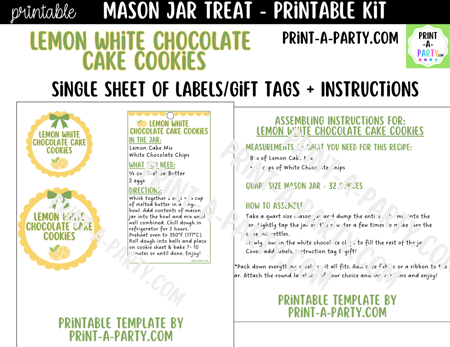 Lemon White Chocolate Cake Cookies in a Mason Jar Gift Printable Kit - Labels, Tag, Recipe and Instructions