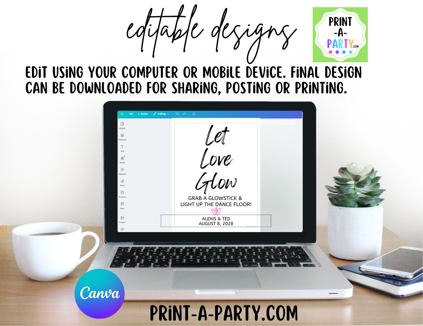 Editable Wedding Sign: DANCE FLOOR GLOWSTICKS Sign - Let Love Glow - Grab A Glowstick and Light Up the Dance Floor - Canva template for Wedding reception, bachelorette or any dance party!