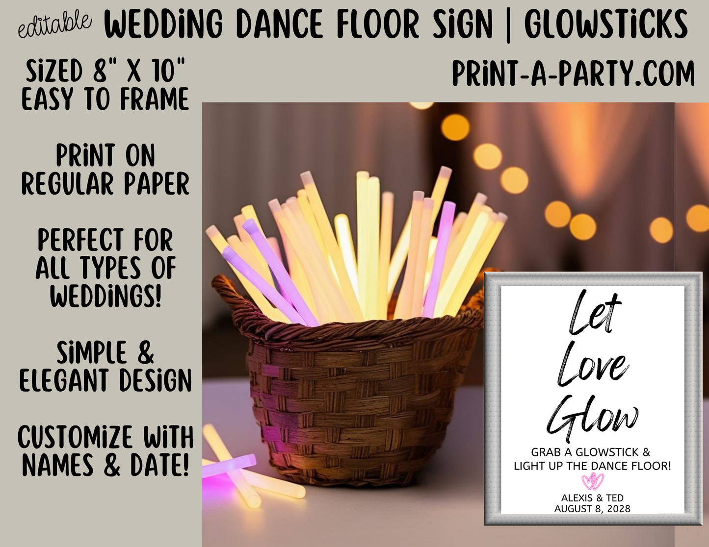 Editable Wedding Sign: DANCE FLOOR GLOWSTICKS Sign - Let Love Glow - Grab A Glowstick and Light Up the Dance Floor - Canva template for Wedding reception, bachelorette or any dance party!