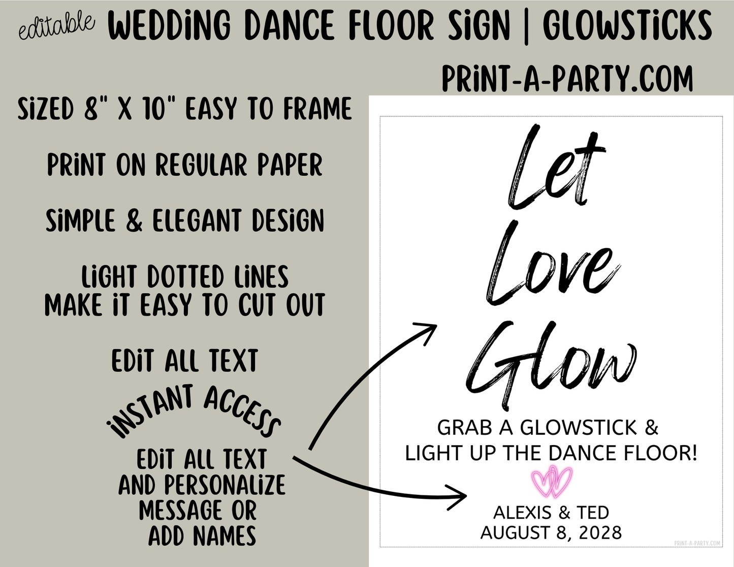 Editable Wedding Sign: DANCE FLOOR GLOWSTICKS Sign - Let Love Glow - Grab A Glowstick and Light Up the Dance Floor - Canva template for Wedding reception, bachelorette or any dance party!