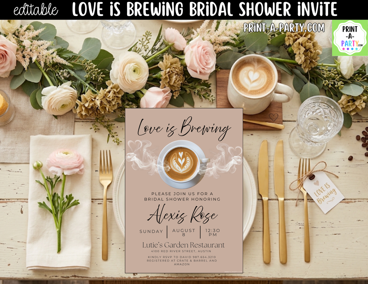 Love is Brewing Coffee Bridal Shower Invitation Canva