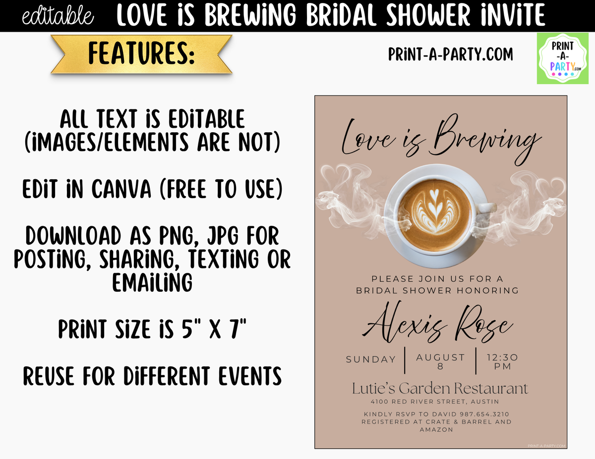 Love is Brewing Coffee Bridal Shower Invitation Canva