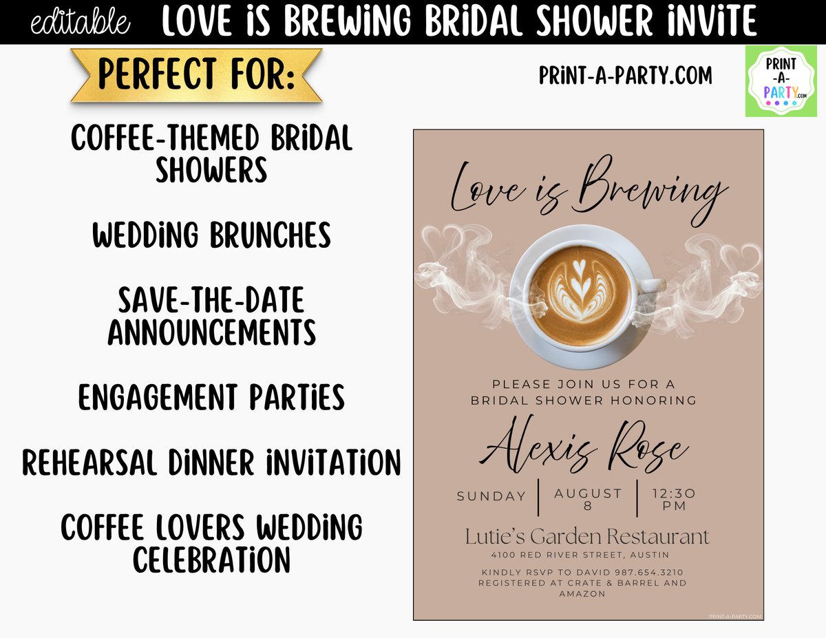 Love is Brewing Coffee Bridal Shower Invitation Canva