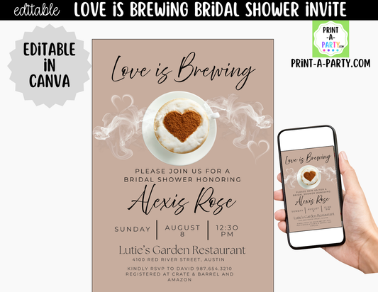 Love is Brewing Coffee Bridal Shower Invitation Canva