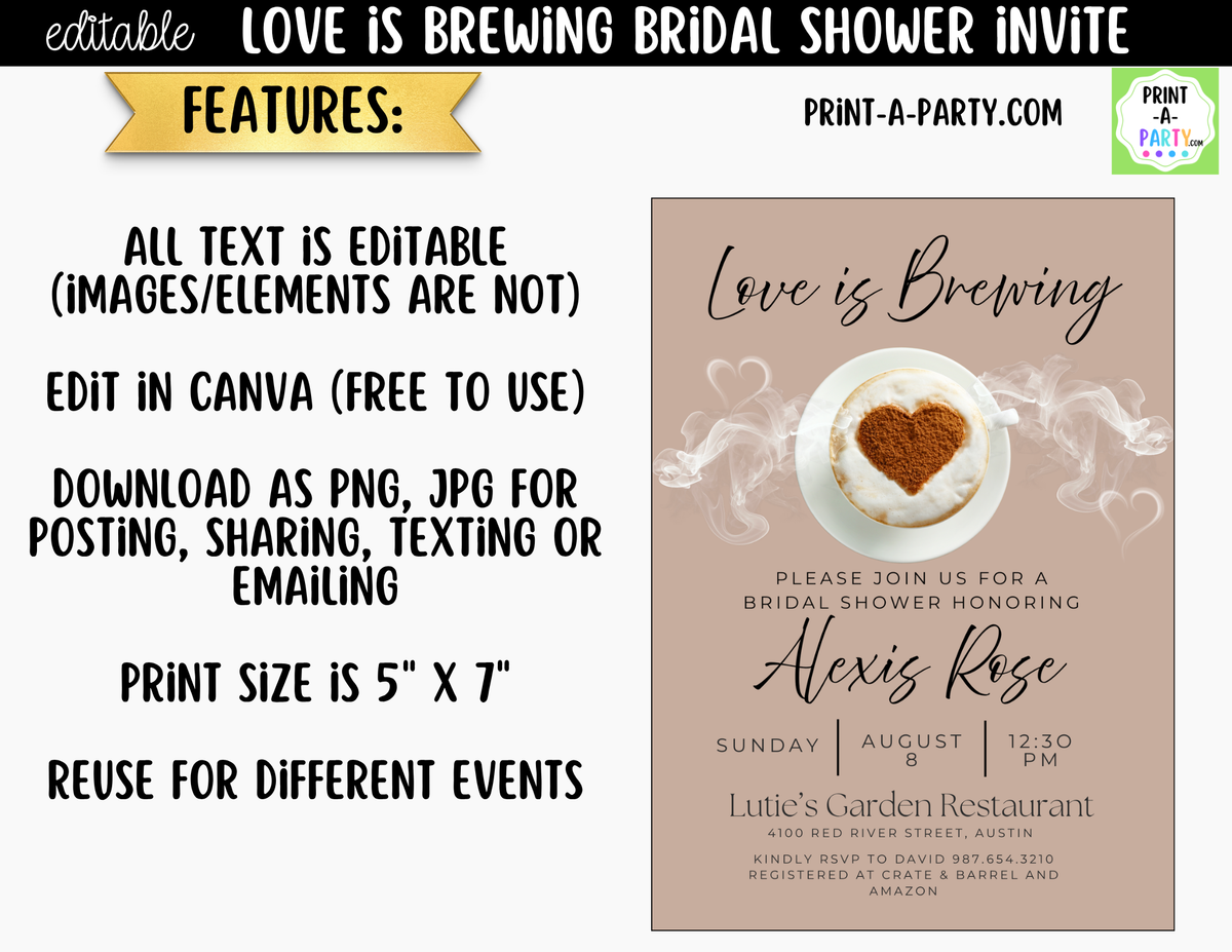 Love is Brewing Coffee Bridal Shower Invitation Canva