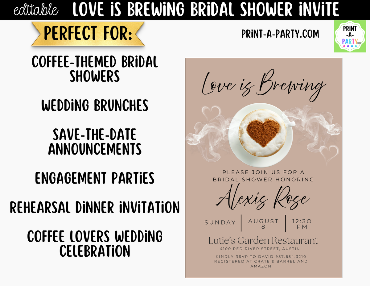 Love is Brewing Coffee Bridal Shower Invitation Canva