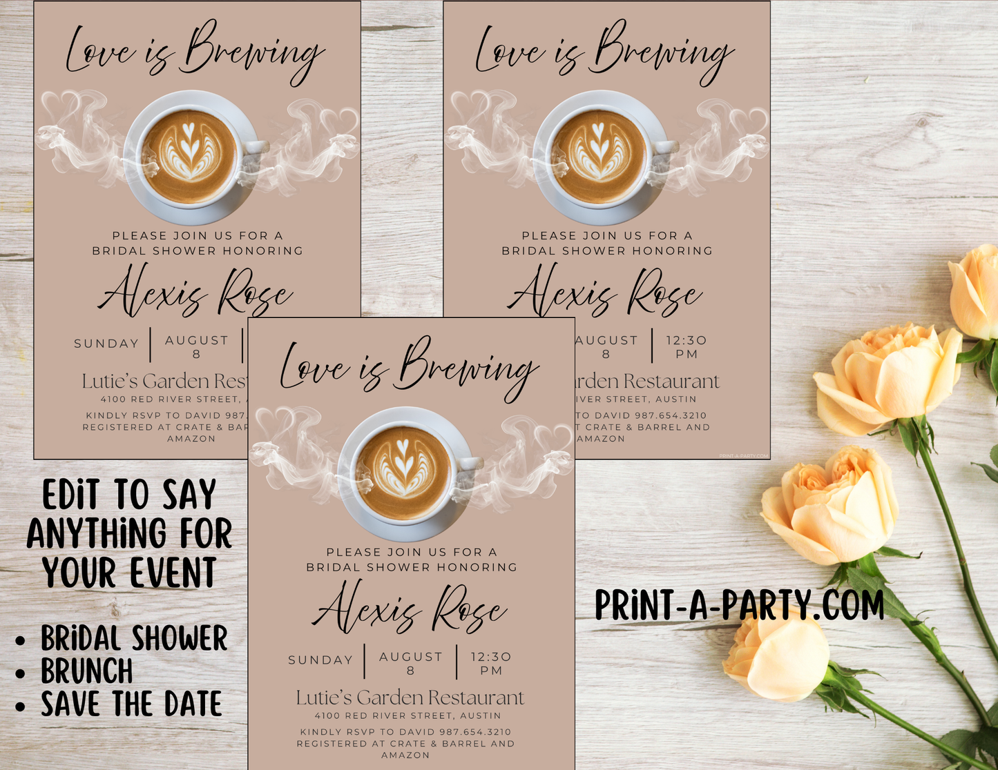 EDITABLE WEDDING EVENT INVITATION: Love Is Brewing - Bridal Shower, Brunch, Save The Date, Editable Invite for posting or printing | Coffee Theme