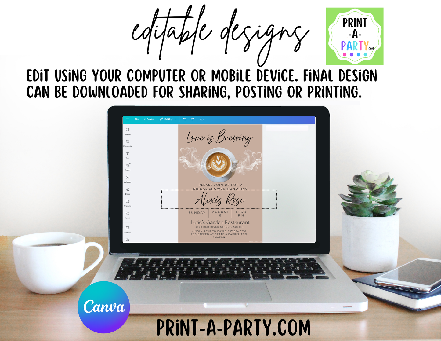 EDITABLE WEDDING EVENT INVITATION: Love Is Brewing - Bridal Shower, Brunch, Save The Date, Editable Invite for posting or printing | Coffee Theme