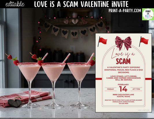 Love Is a Scam Valentine Party Invitation – Editable Canva