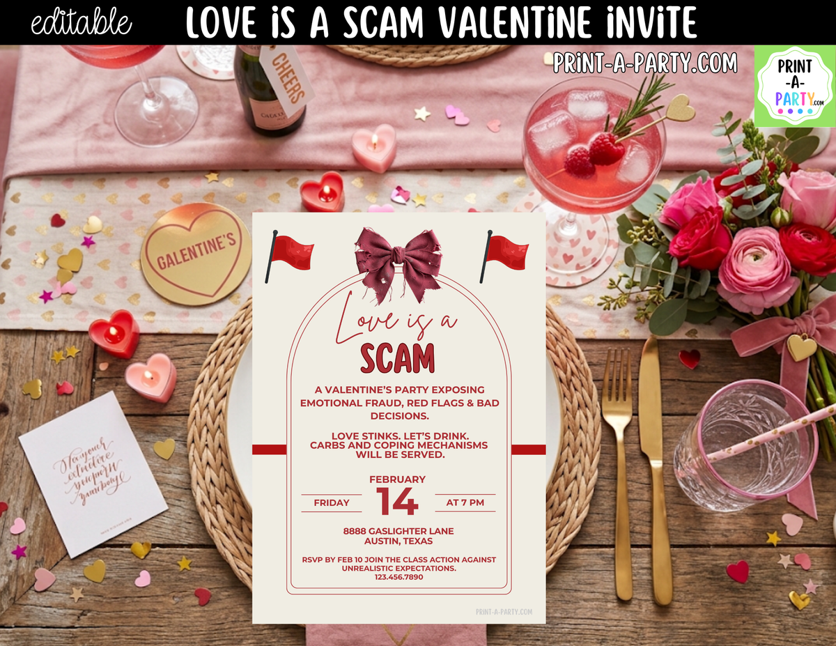 Love Is a Scam Valentine Party Invitation – Editable Canva
