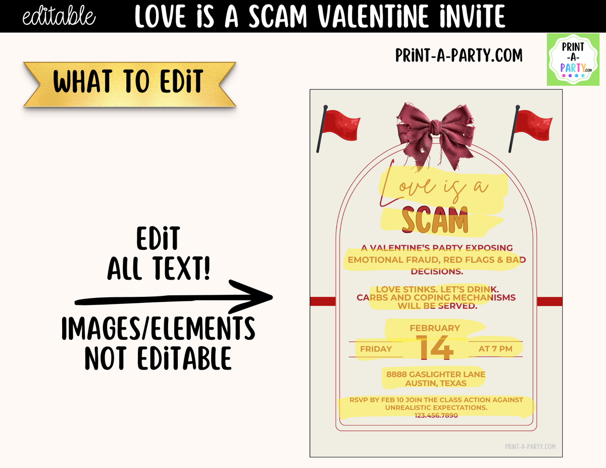 Love Is a Scam Valentine Party Invitation – Editable Canva